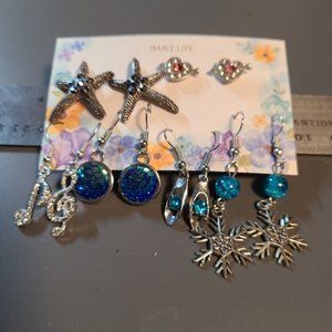 Mixed earring lot, starfish, snowflake, mermaid scales, music notes, hearts.